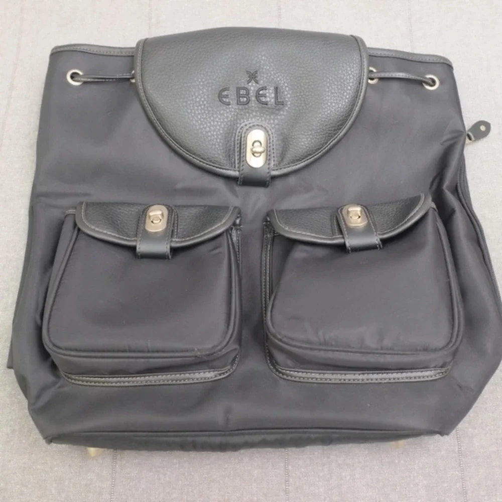 Ebel Black Nylon Faux Leather Turn Lock Cinch‎ Top Travel Backpack